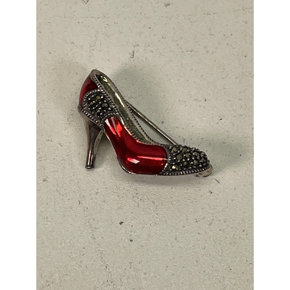 High Heel Shoe Brooch Sterling Silver Red Enamel Marcasite Style Costume Pin